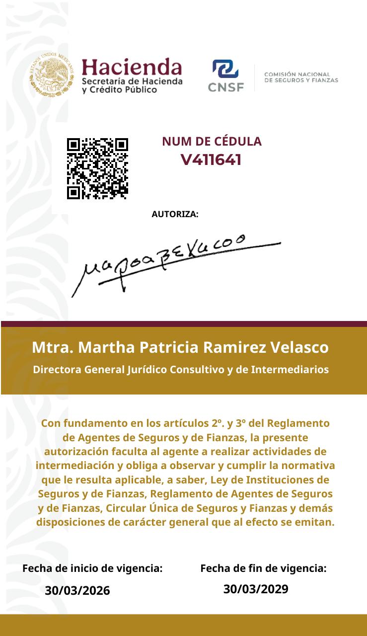 Cédula profesional CNSF de Luis Rodríguez, reverso con folio y vigencia